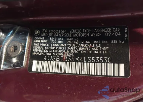 2004 BMW Z4 2.5I из США, поврежденный, VIN 4USBT335X4LS53530